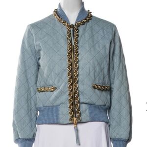 Quilted Light Blue Bomber Jacket with Gold Chain Trim